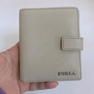 FURLA leather small wallet Grey with Celadon Green signature logo interior